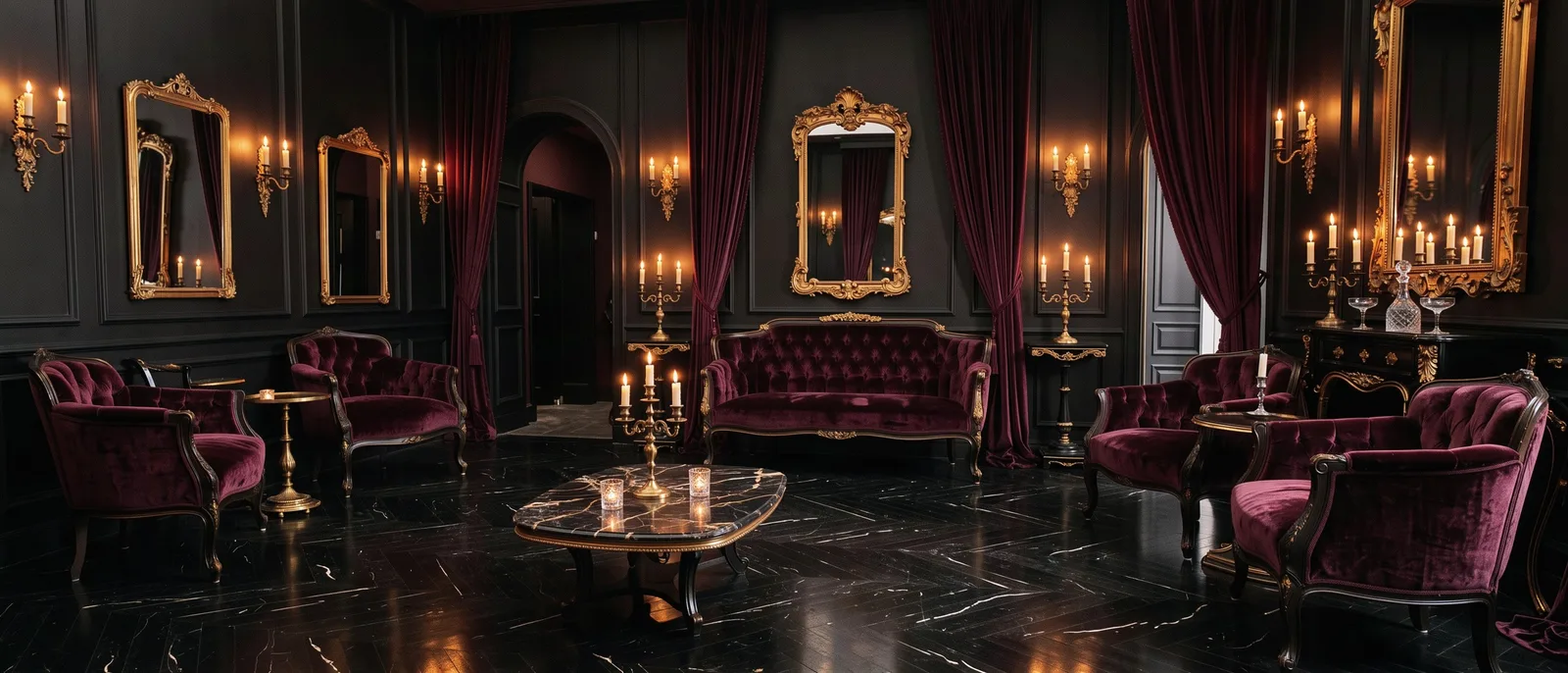 Un salon feutré aux fauteuils bordeaux, miroirs dorés et bougies.