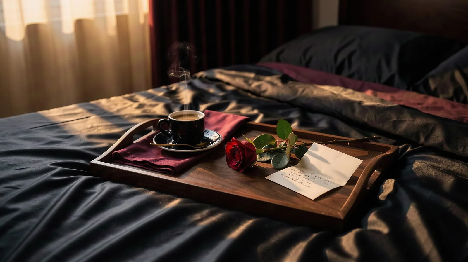 Plateau de petit-déjeuner avec une tasse de café et une rose, posé sur des draps sombres au lever du jour.
