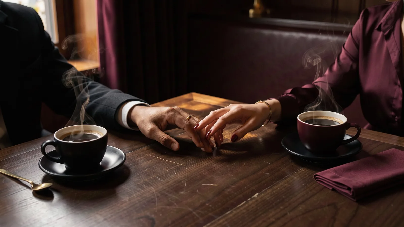 Deux tasses de café et deux mains qui se frôlent sur une table sombre, à la lumière du matin.
