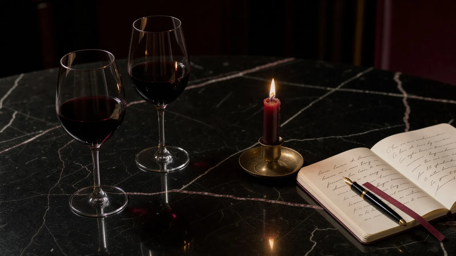 Deux verres de vin, une bougie bordeaux et un carnet ouvert sur une table sombre.
