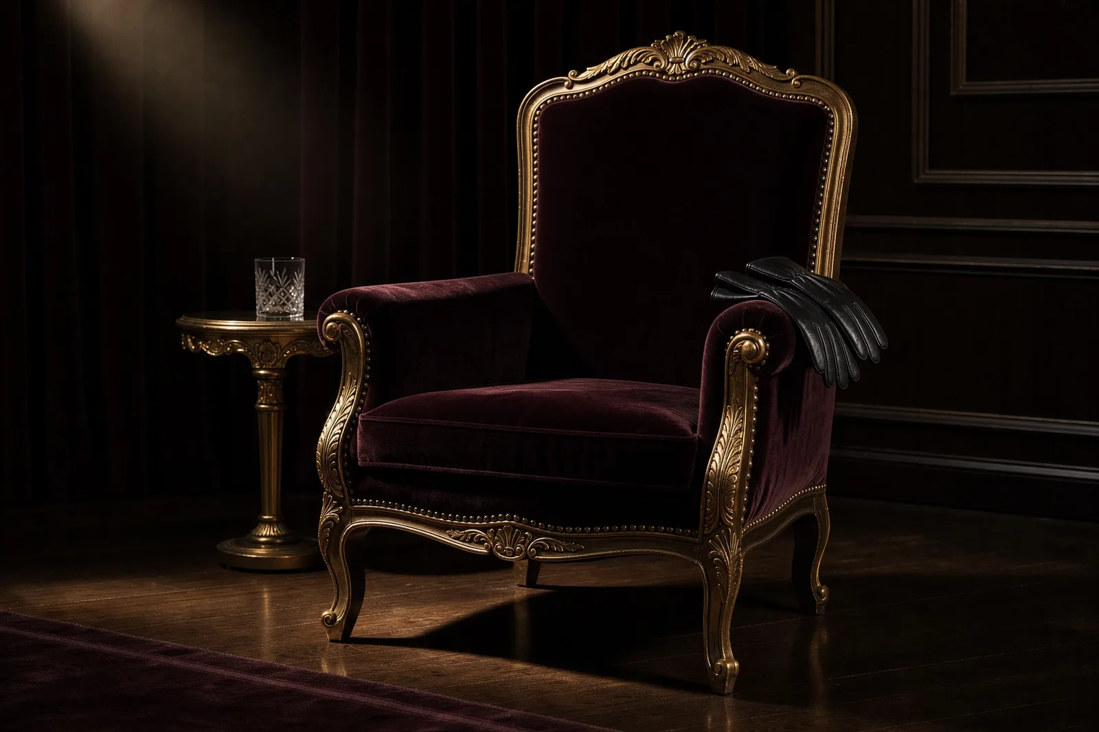 Un fauteuil doré et bordeaux avec des gants noirs.
