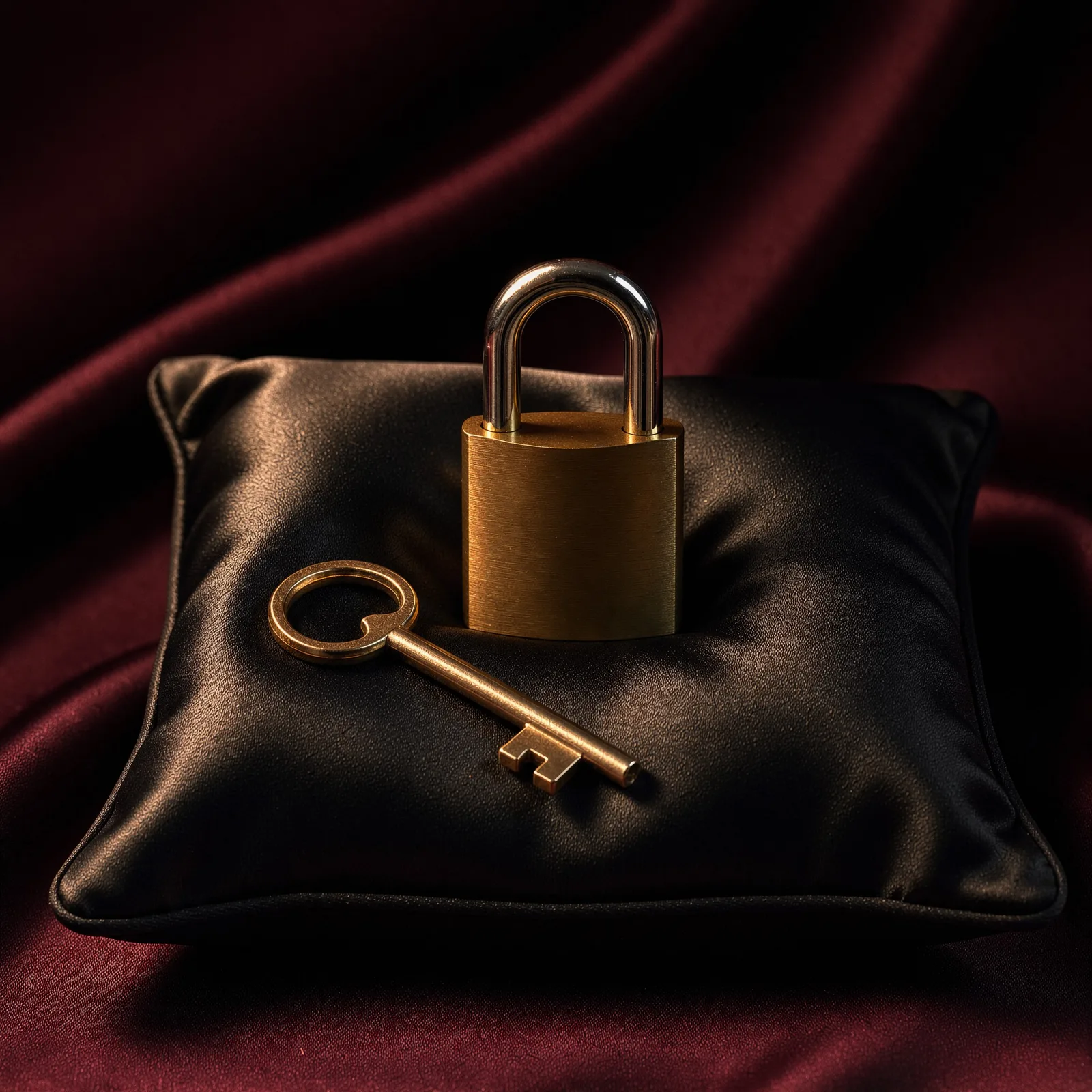 Un cadenas doré et une clé posés sur un coussin de cuir noir.