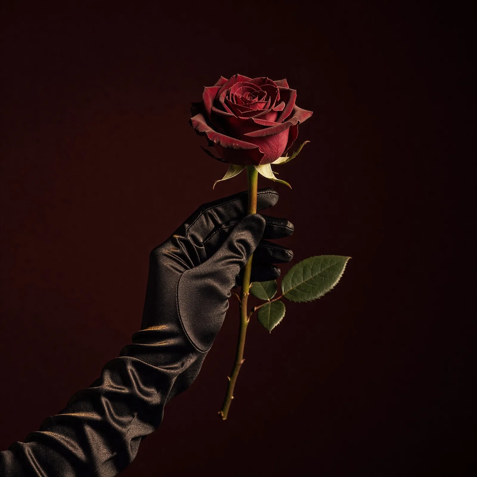 Une main gantée de satin noir tient une rose bordeaux.