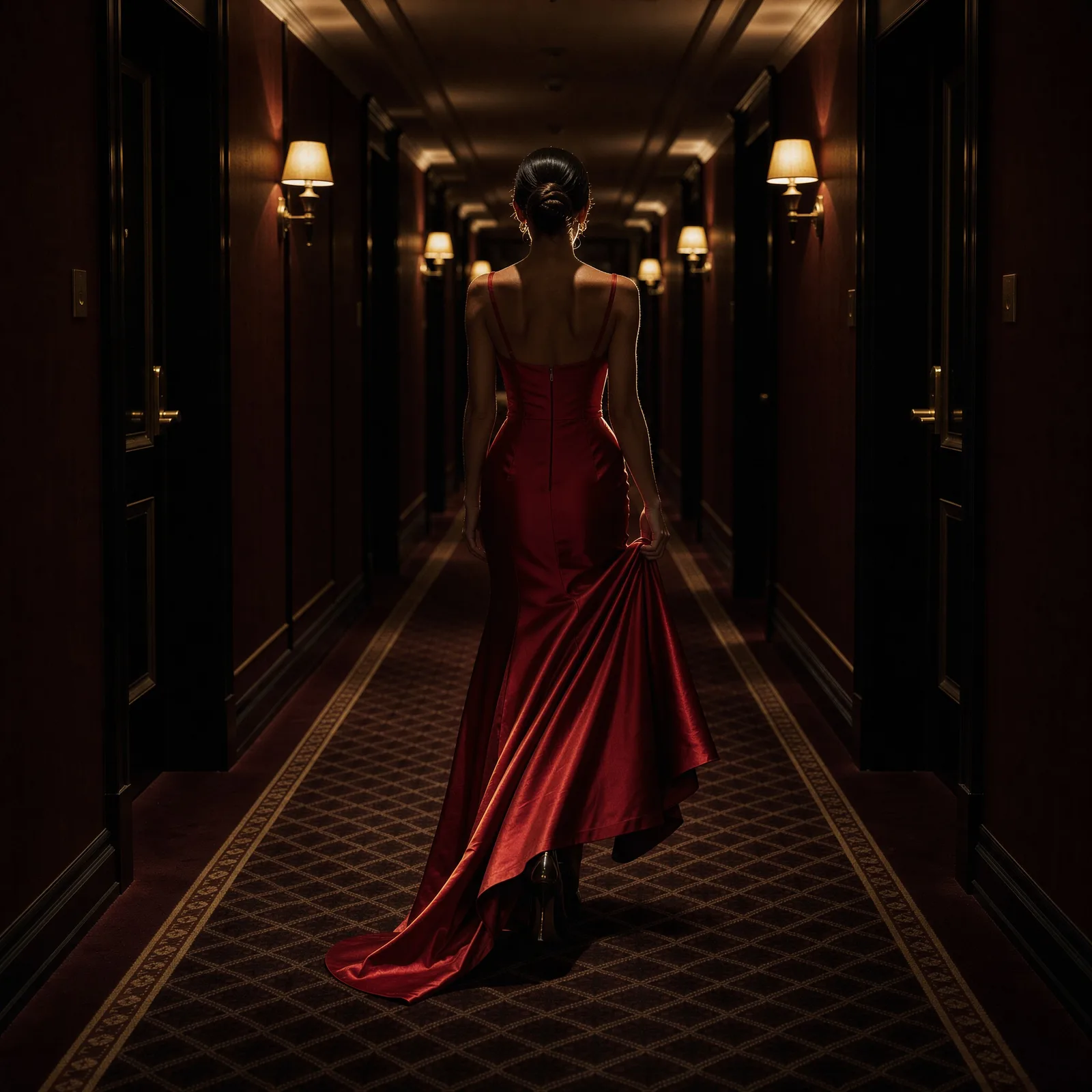 Une femme en robe rouge marche dans un couloir feutré.