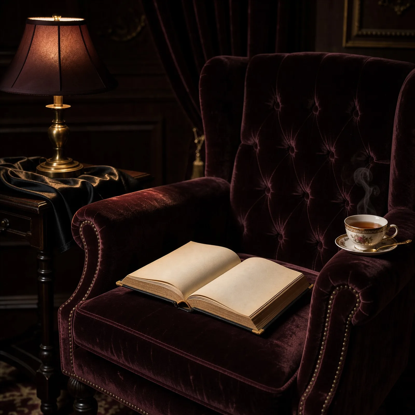 Un fauteuil bordeaux, un livre ouvert et une tasse de thé.