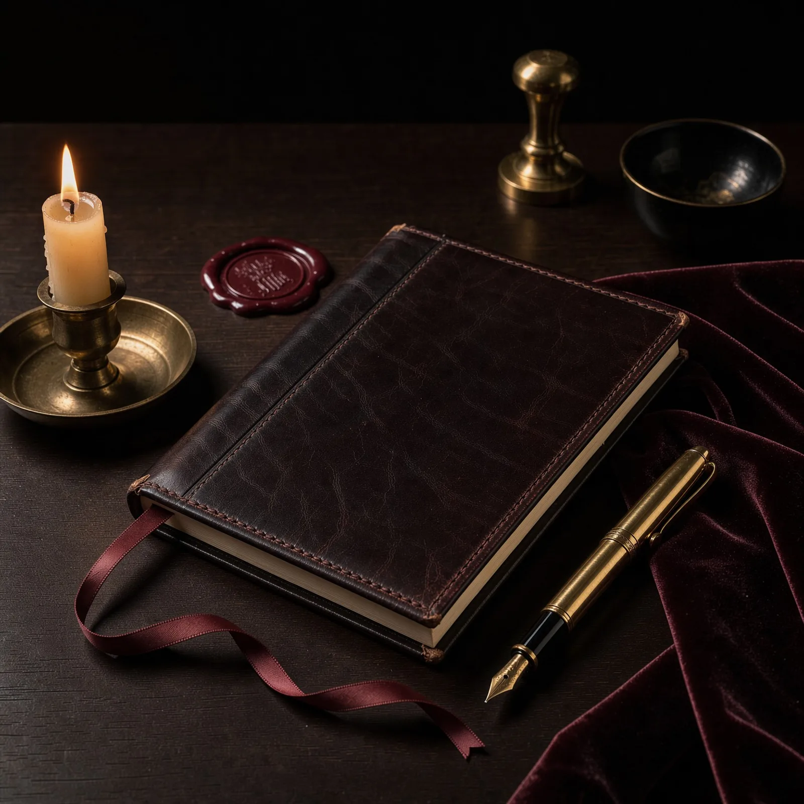Un carnet noir, un stylo et une bougie sur une table sombre.